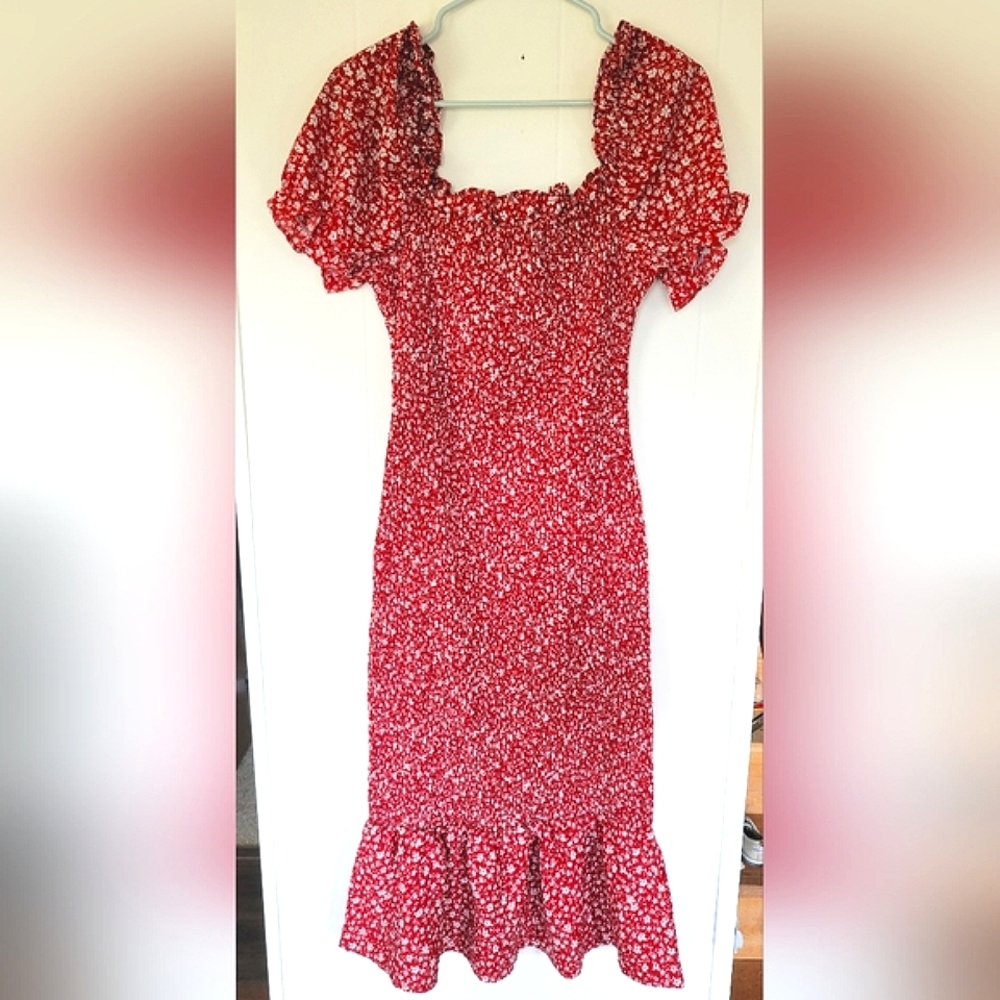PrettyGarden Red Floral Puff Sleeve Midi Dress Size L.